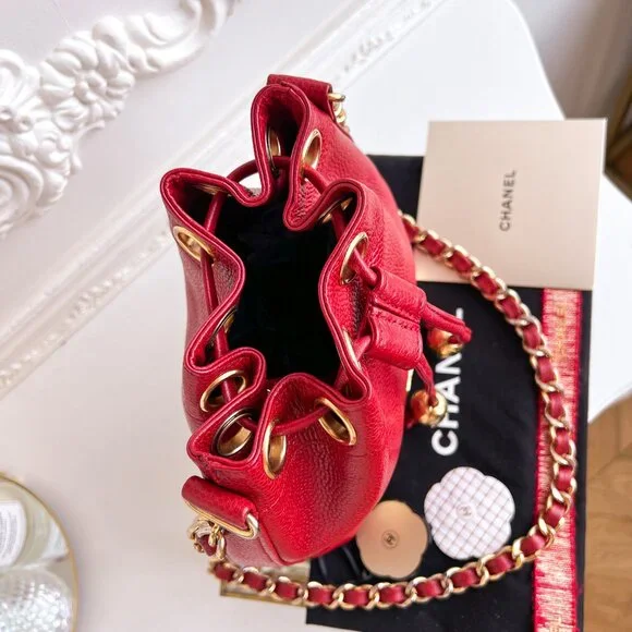 Authentic Chanel CC Bucket Mini Triple coco mark Shoulder Crossbody red B0970 - Picture 13 of 16